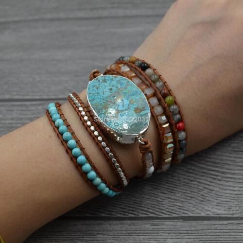 Women 5 Strands Bracelets,Genuine Leather Braided Beaded Bangle Jewelry with big Natural Stone, Long Wrap Bracelets Handmade