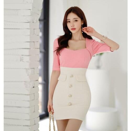 2021 Summer New Korean Style Women Fashion Elegant Short Sleeve Slim Sexy Mini Bodycon Contrast Color Base Dress Vestidos Mujer