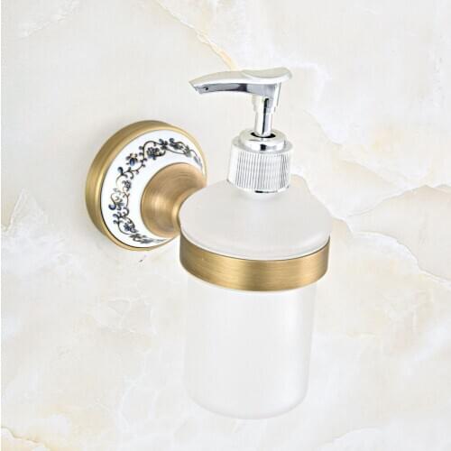 Antique Brass Ceramic Base Wall Mounted Kitchen Bathroom Sink Basin Accessory Glass Soap Dispenser aba814