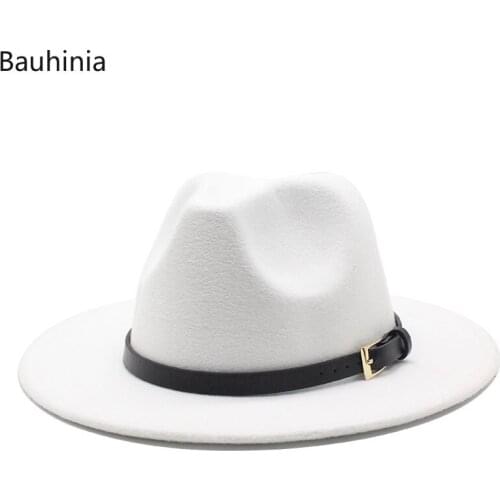 White Wool Women Hats Wide Brim Felt Fedora Hats With Simple Belt Winter Formal Party Jazz Trilby Cap 56-58-60CM