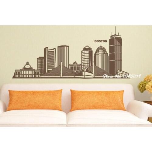 Boston Skyline Cityscape Decal Removable Sticky Vinyl Wall Stickers Home Decor Living Room Art Sofa Background Decor Mural LA260