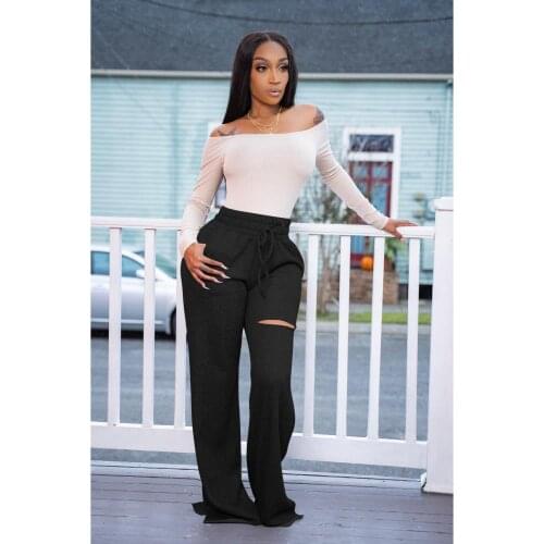 Black Gray Womens Casual Wide-Leg Floor-Length Long Pants Hole Hollow Buckets Trousers with Pockets Split Leisure Pants Loose