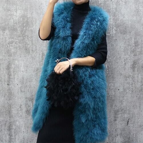 Long turkey feather fur vest autumn and winter womens sleeveless slim solid color V-neck ostrich feather waistcoat female