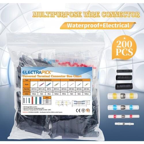 Electrapick 200Pcs Waterproof Solder Heat Shrink Butt Terminals Seal Tinned Electrical Wire Cable Splice Terminal 10-25 AWG