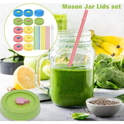 Leakproof Mason Jar Lids Set With Straws Clean Brush Colored Plastic Canning Jar Drinking Lids For Ball Kerr And More