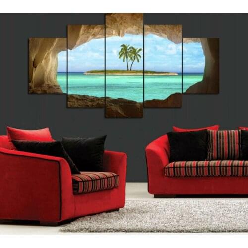 Art Poster Decoration Room Wall Frame HD Prints 5 Pieces Azure Ocean Island Palm Tree Seascape Pictures Modular Canvas Paintings