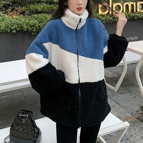 Jackets Womens Patchwork Stand Collar Thicken Warm Bf Loose Casual Zipper New Winter Fashion Korean Harajuku Outwear Couples Hot