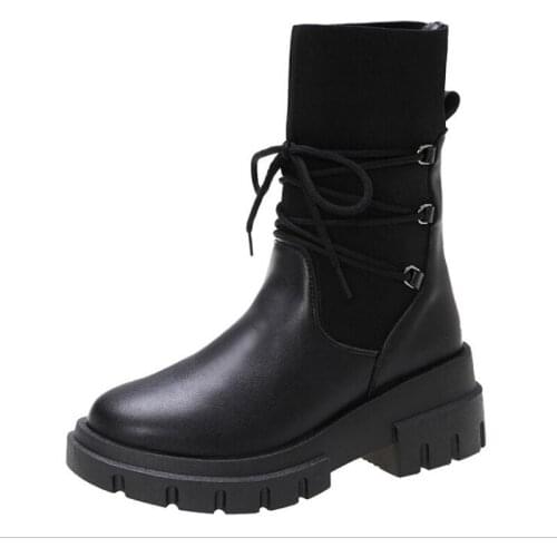 Fashion Women Mid-Calf Sock Boots Girl High Heels Moto Boots Femals Cross-tied Lace Up Skinny Chelsea Boots Shoes