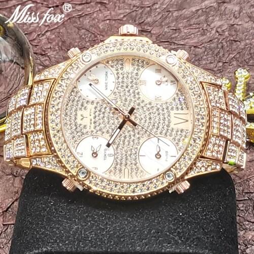 51mm Big Dial MISSFOX Men Watches Rose Gold Punk Luxury Multiple Time Zone Watch Top Waterproof Full Diamond AAA Jewelry Clocks