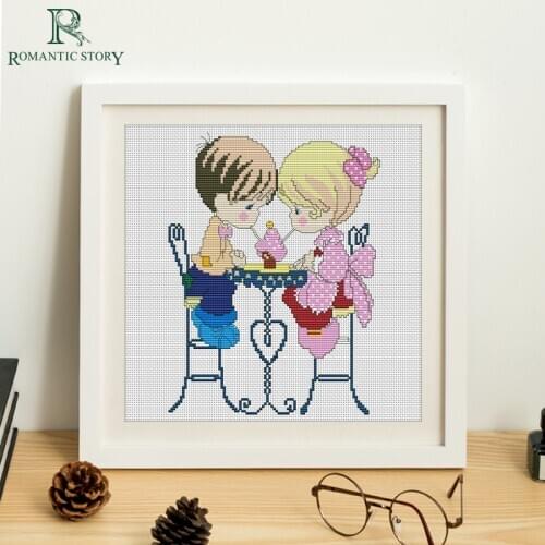 Romantic Story Stamped Cross Stitch Starter Kits Beginners Needlework Embroidery Set DIY Boy and Girl Eating ice Cream Pattern