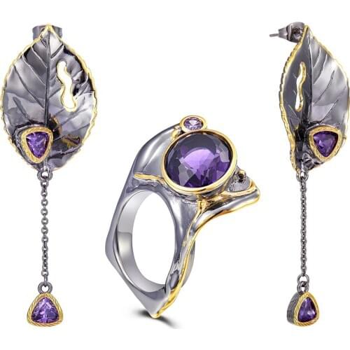New Arrived Exaggerated Gothic Ring Earrings Set Women Party Must Have Purple Zirconia Unique set