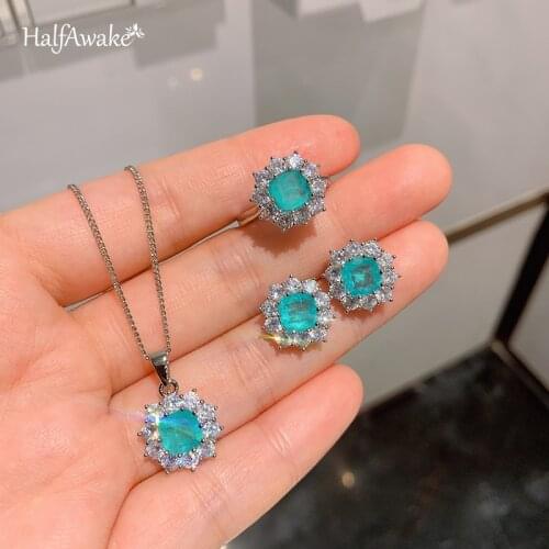 S925 Silver Needle Classic Vintage Colored Gem Paraiba Jewelry Set Womens Earrings Necklace Ring Jewelry Mothers Day Gift Ban