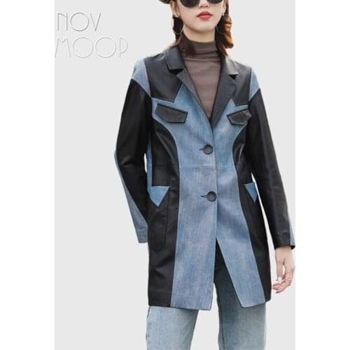 Novmoop sheepskin genuine leather patched with quality demin fabric designer women coat spring autumn wear Veste en cuir LT3447