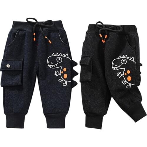 Baby boy clothes new cartoon dinosaur cute plus velvet trousers for autumn and winter boys casual thick warm trousers