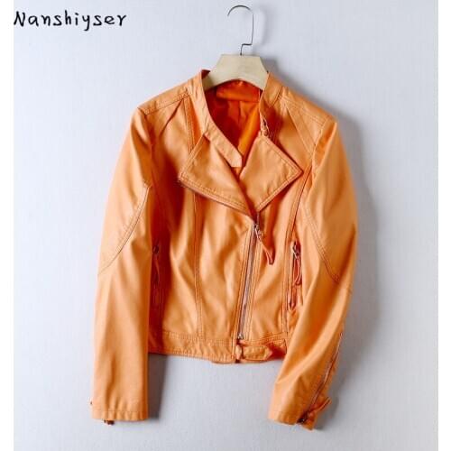 Autumn 2021 Korean Slim Stand Collar Faux PU Leather Jacket Women Short Washed Motorcycle Leather Coat Jaqueta De Couro Feminina