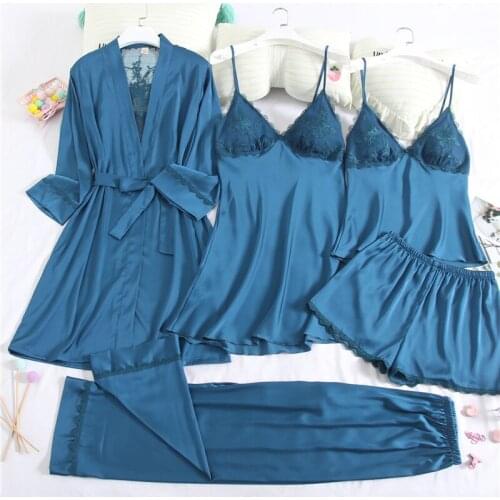 Satin Sleepwear Female Lace Sleep Set 5PCS Pajamas Suit Spring Summer New Kimono Robe Set Sexy Lace Nightwear Home Clothing