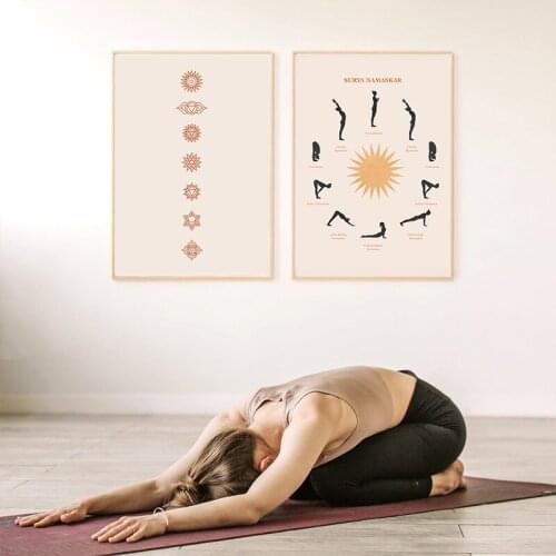 Surya Namaskar Yogo Gesture Posters and Prints Beige Quote Canvas Painting Decoration Wall Art Pictures for Gym Yogo Room Decor