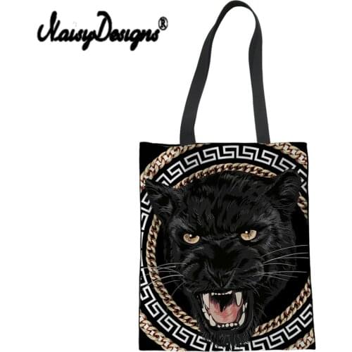 Women Canvas Shoulder Bag Cartoon Black Leopard Printing Shopping Bags Students' Book Bag Cotton Cloth Handbags Tote For Girls