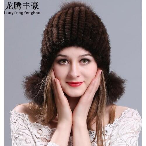 Real Mink Fur Hat For Women Warm Knitted caps Mink Fur Beanies Cap 100% Natural Genuine Mink Fur Pom Poms Thick Girls Cap Hats