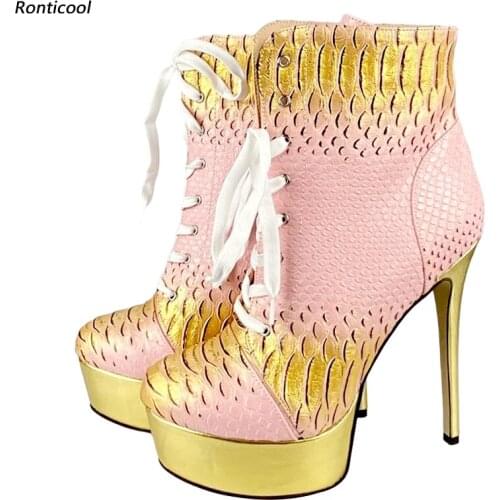 Ronticool 2021 Women Modern Ankle Boots Winter Sexy Snake Stiletto High Heels Round Toe Pink Night Club Shoes Plus US Size 5-20