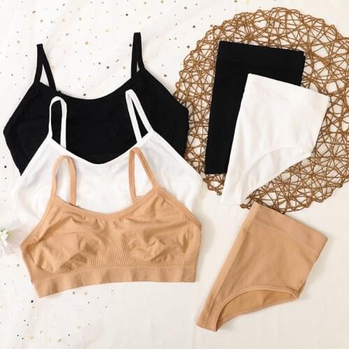 Women Bra Briefs Set Unlined Bra High Waist Panties Female Sexy Lingerie Backless Bralette Fitness Ribbed Tops Underwear Set