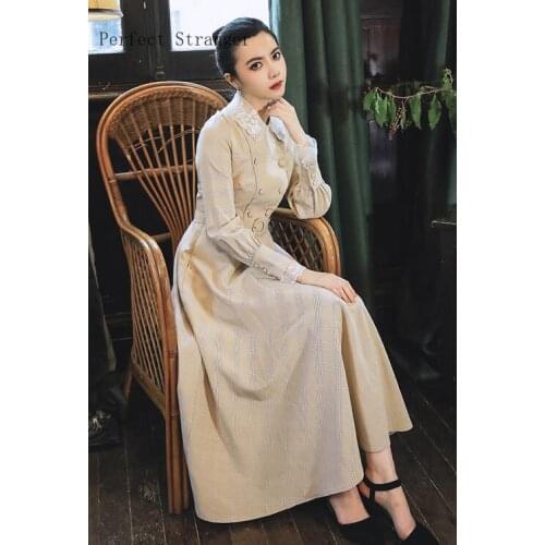 High Quality Best-selling Autumn Winter New Arrival Flower Embroidery Peter Pan Collar Plaid Woman Long Dress With Belt