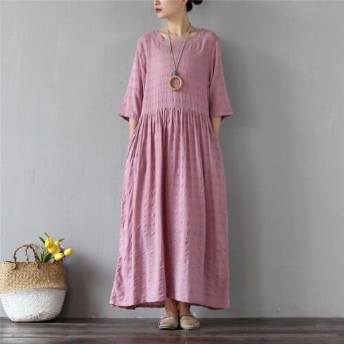 Johnature Women Cotton Linen High Waist O-Neck Pockets Half Sleeve Dresses 2021 Summer New Loose Casual Cloths Soft Plaid Dress