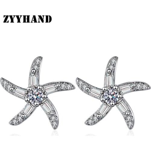 Golden Clean Stone Women Stud Earrings Girl Starfish Shape Simple Style Engagement Star Platinum-Plated Lady Ear Jewelry