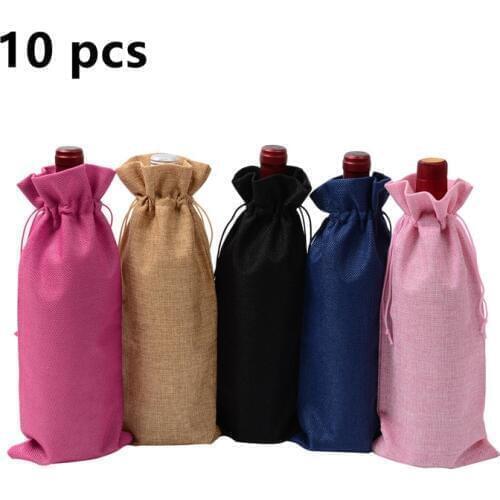 10pcs Jute Wine Bag Wedding Party Decoration Wine Bag red wine Bottle Cover Gift Champagne Pouch Hessian burlap Packaging bag