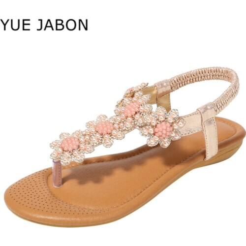 YUE JABON Bohemian Crystal Sandals Soft Sole Women Shoes Rhinestone Lady Flip Flops Pearl Slip On Tong Female Flat Beach Shoes