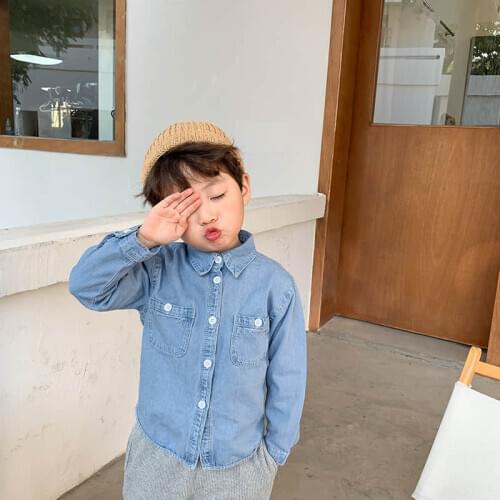 Childrens wear 2021 spring new Japanese soft waxy blue denim shirt long sleeve shirt for boys and girls
