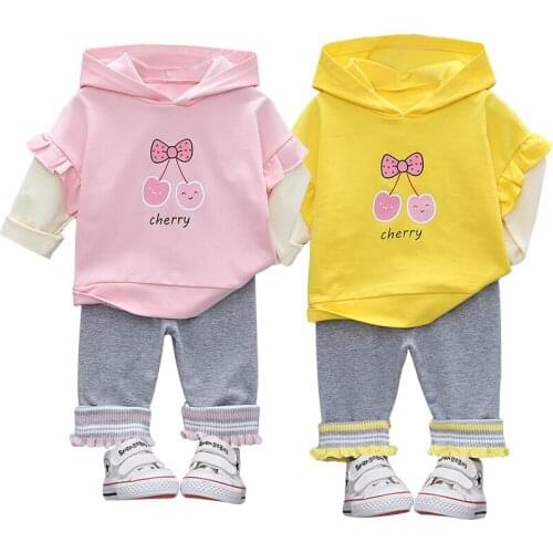 Baby clothes spring/autumn cartoon casual hooded sweater trousers 2-piece suit cute baby girl lace pants suit girl sweater suit
