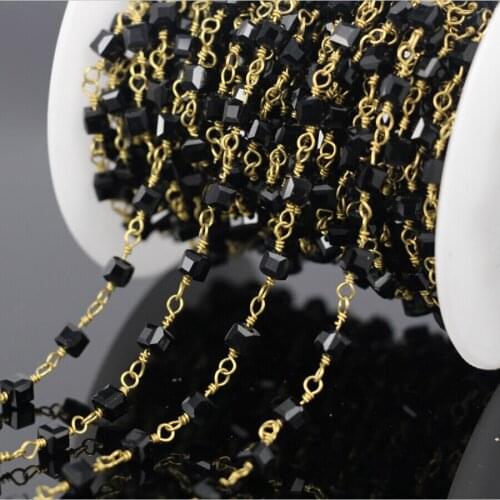 DIY 5Meter Smooth Black Crystal Glass Square Faceted Beaded,Tone Wire Wrapped Chain Necklace Jewelry Findings Wholesale