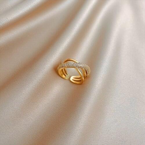 Exquisite copper inlaid zircon three-layer cross ring high-quality temperament opening adjustable womens Korean jewelry ring