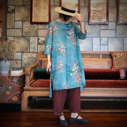 Johnature Vintage Ramie Dress A-line Three Quarter Sleeve 2021 Autumn O-Neck Loose Casual Print Green Flower Linen Women Dress