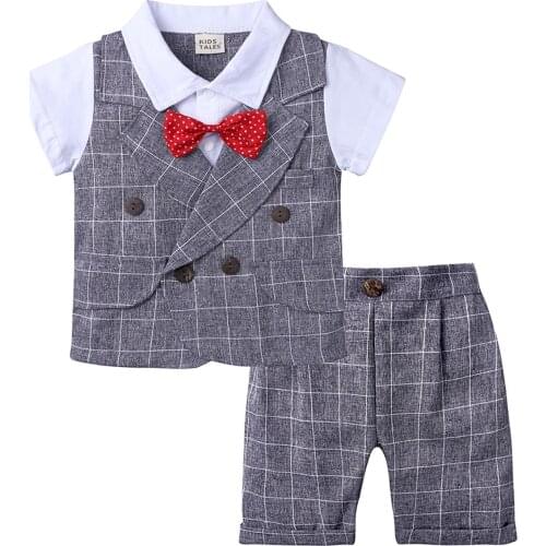 Baby Boy Clothes Set Toddler Baby Boys Summer Gentleman Bow Tie Plaid Short-sleeved Buttons Shirt Shorts Suit детская одежда L