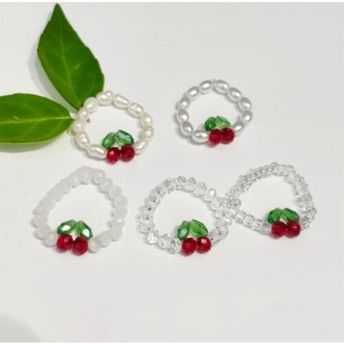 Korean Freshwater Pearl Crystal Beaded Transparent Ring For Women Girl Fashion Luxury Fruit Cherry Flexible Finger Ring Jewelry
