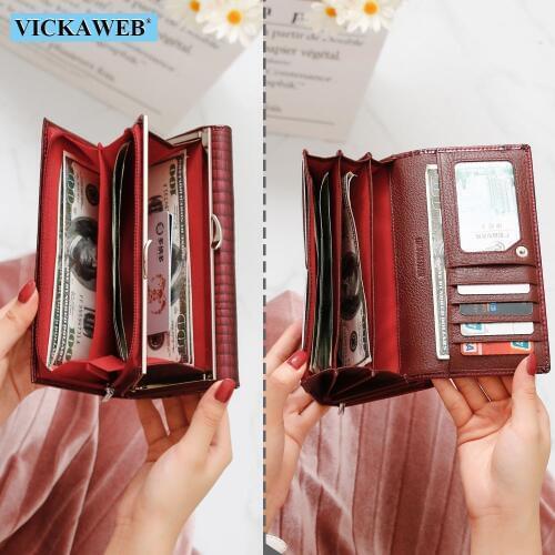 VICKAWEB Genuine Leather Women Wallet Multifunction Womens Clutch Big Wallets Ladies Purses Female Card Holder Purse Phone Bag