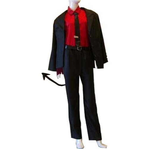 Game Helltaker Lucifer demon Justice Cosplay Costume Adult Women Men Outfits Burgundy Red Shirt Pants Jacket Gloves Tail Hallowe