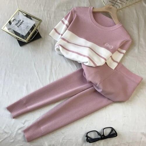 Korean Summer Knitted 2 Peice Set Women Short Sleeve Sweater Female Tops+Pants Suit pink New Plus Size 2XL Fashion Tracksuit