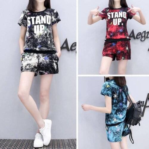 Summer womens printed short sleeve shorts Korean fashion large size slim suit womens o-neck casual sportswear two piece set