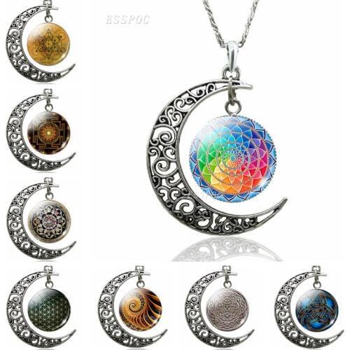 Mandala Flower Yoga Symbol Image Creative Religious Hollow Crescent Moon Necklace Glass Cabochon Jewelry Women Pendant Gift