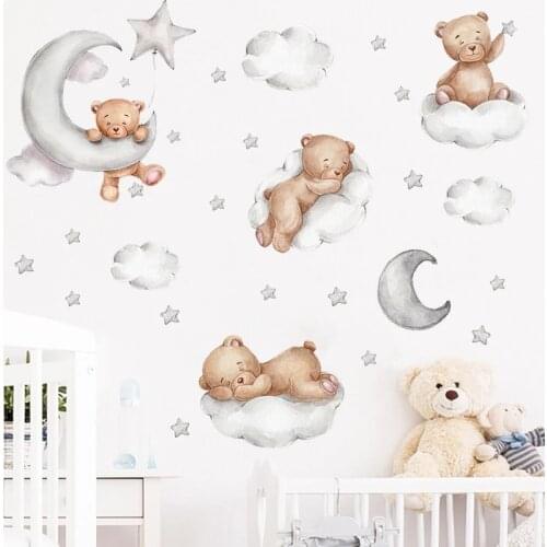 Cute Cartoon Bear Wall Stickers for Kids Rooms Boys Girls Baby Bedroom Decor Moon Star Cloud Wallpaper Kids Room Decoration
