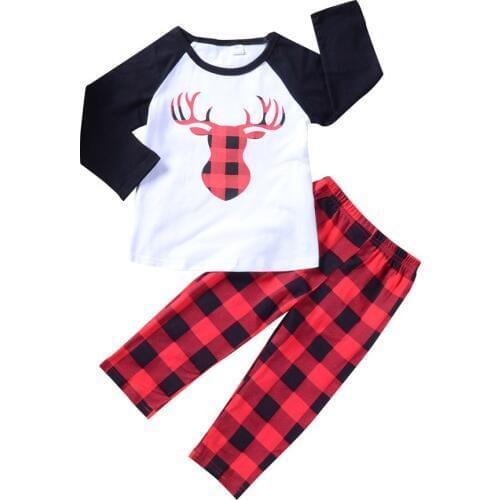 Fashion Reindeer T-Shirt Plaid Pants Xmas Clothing Sets Unisex Kids Boys Girls Christmas Outfits Suit