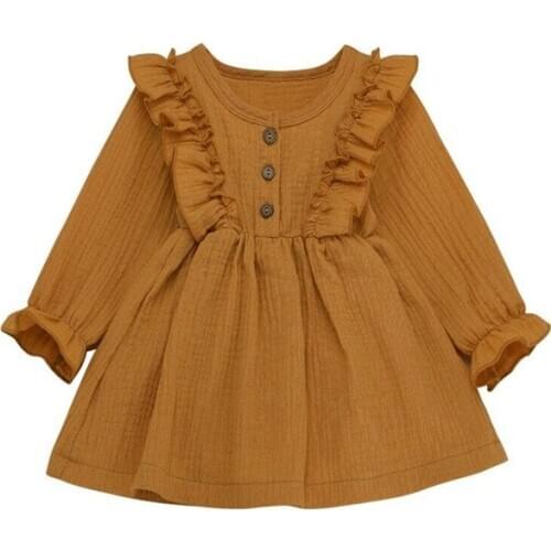 Trendy Toddler Baby Girls dress round neck solid Ruffle Button Long Sleeve lovely newborn kids Cotton Linen Dresses one pieces