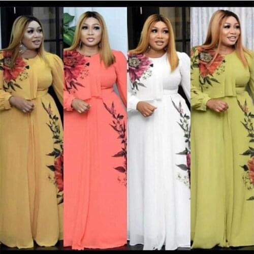 2021 African Print Chiffon Maxi Dress Long Sleeve Elegant Autumn Dresses For Women Abaya Ankara Dashiki Ladies Clothes Boubou