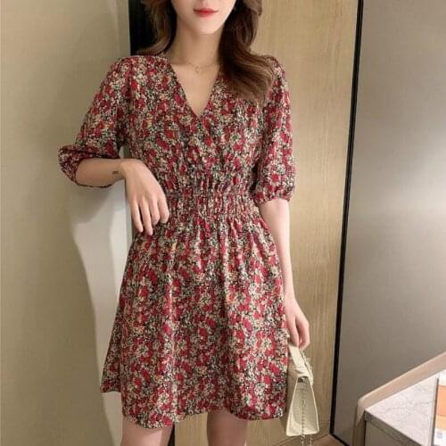 Dress Women V-neck Floral Print Tunic Top Vacation Boho Romantic Retro Summer Dresses Short Sleeve Ladies Fashion Daily French