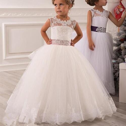 Flower Girl Dresses Vintage Jewel Sash Lace Net Baby Girl Birthday Christmas First Communion Dresses Children Girl Party Gown