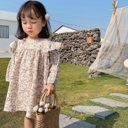 Spring Girls Clothes Korean Style Dress for Girls Floral Printed Princess Dress Long Sleeve Elegant Girls Dresses DT038