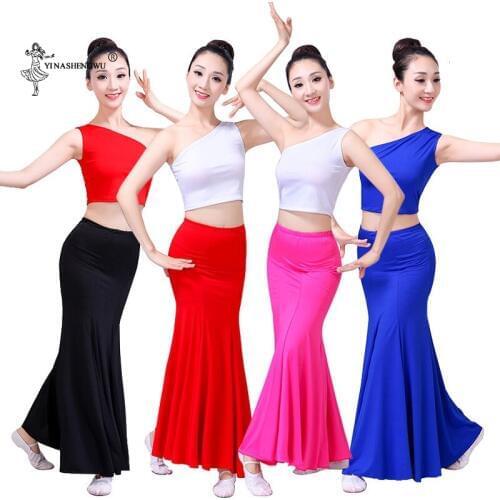 Wowen Belly Dance Costume adult female Long Mermaid Peacock Dance Girl practise 2 - piece set fishtail skirt national dancewear